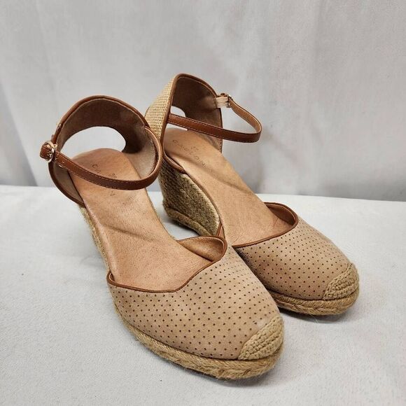 Caslon 7.5 Tan Suede Perforated Wedge Closed Toe Jute Espadrille Shoes Sandals - Picture 1 of 10